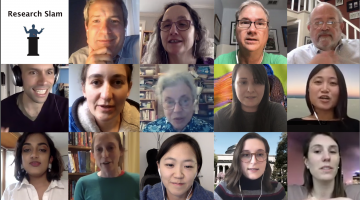 2020 Research Slam participants, hosts, and judges: (left to right, top to bottom) Joe McGonegal, Vivian Siegel, Holden Thorp, Bob Prior, Ari Daniel PhD ’08, Hanna Starobinets ’09, Suzanne Epstein PhD '79, Amy Norovich '08, Helen Hou '10, May...