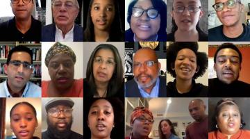 Top row, left to right: John Dozier, L. Rafael Reif, Danielle Geathers, DiOnetta Jones Crayton, Madeleine Sutherland, Corban Swain. Middle row: Malick Ghachem, Sandy Alexandre, Ramona Allen, Chevy Cleaves, AudreyRose Wooden, Kelvin Green II. Botto...