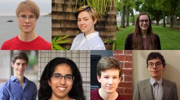 MIT’s 2020 Hertz Fellows are (clockwise from top left): Alexander Alabugin, Alyssa Dayan, Marisa Gaetz, Isaac Metcalf, Nolan Peard, Maya Sankar, and Constantine Tzouanas. Photos courtesy of the Hertz Foundation.