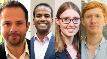 MIT's Department of Energy 2020 Early Career Research Program winners: (left to right) Ronald Fernando Garcia Ruiz, Karthish Manthiram, Phiala Shanahan, and Wim van Rees.Photos courtesy of the researchers.