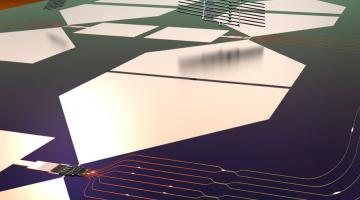 This graphic depicts a stylized rendering of the quantum photonic chip and its assembly process. The bottom half of the image shows a functioning quantum micro-chiplet (QMC), which emits single-photon pulses that are routed and manipulated on ...