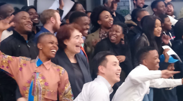 Professor Hazel Sive (front, second from left) visits Tshimologing, a digitial innovation precinct in Johannesburg, South Africa, with some 2019 Global Startup Labs participants.