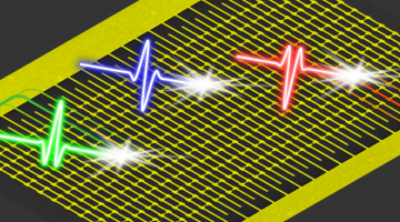 Pseudo-color scanning electron micrograph of the integrated lightwave electronic circuit. Incident ultrafast light waves induce photocurrents in the circuit that encode information about the shape and absolute phase of the light wave.Image courtes...