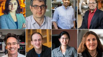 Top row, left to right: Lydia Bourouiba, Thomas Heldt, Fikile Brushett, and Asegun Henry. Bottom row, left to right: William Oliver, Michael Short, Vivienne Sze, and Caroline Uhler.Photos: Lillie Paquette/School of Engineering