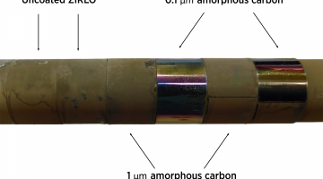 Researchers have devised a practical solution for preventing corrosive buildup in nuclear systems. Image shows specimens of a standard reactor zirconium alloy with and without our CRUD-resistant coating. The uncoated specimens at left are covere...